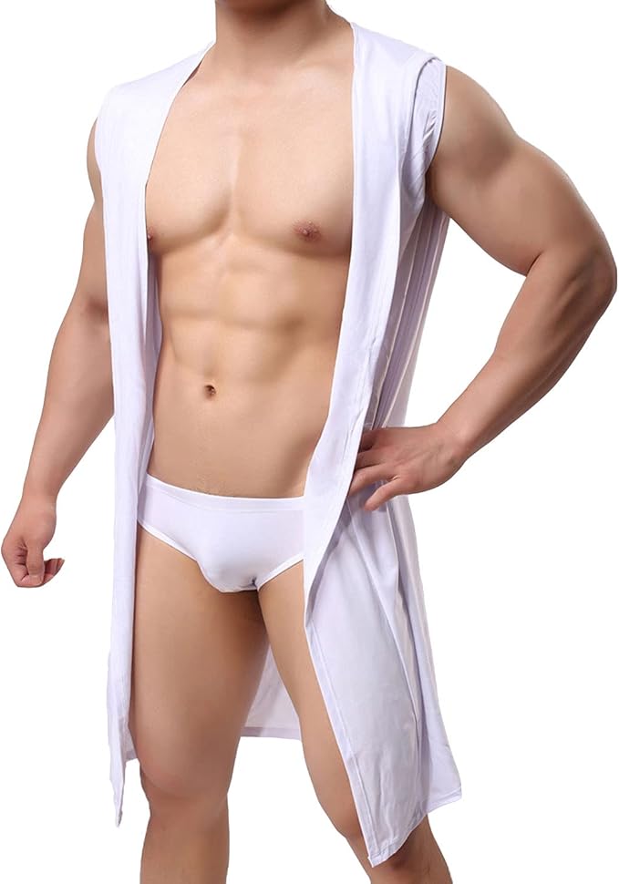 Lu's Chic Men's Silk Kimono Robe Hooded Bathrobe Sleeveless Lightweight Sleepwear Pajamas