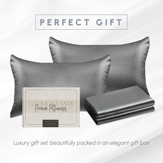 Elegant Comfort 4-Pack Cooling Viscose Satin Pillowcase Set with Hidden Zipper Closure, Silky Smooth for Best Hair and Skin Care-Beautiful Gift Box-4-Piece Satin Pillowcase Set, Standard/Queen, Gray