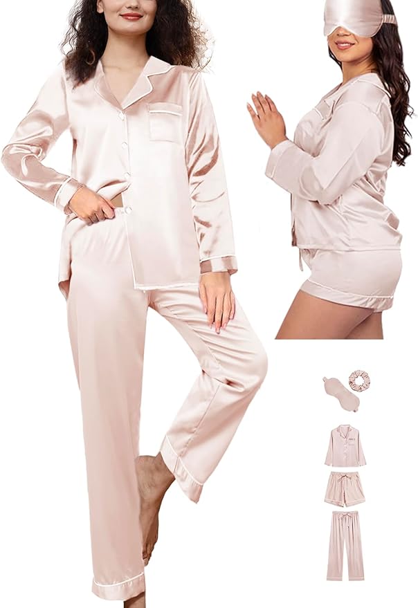 WJing Yi Jia 5Pcs XS-XXL Womens Silk Satin Pajamas Sets Long Pj Sets Button Down Pjs Set Loungewear Sleepwear
