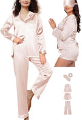 WJing Yi Jia 5Pcs XS-XXL Womens Silk Satin Pajamas Sets Long Pj Sets Button Down Pjs Set Loungewear Sleepwear