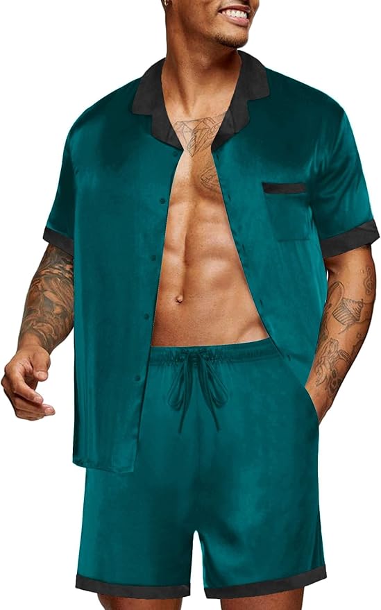 Ekouaer Men Satin Silk Pajamas Set with Pockets Sleepwear Shorts Satin Summer Loungewear 2 Piece Button Down Set S-3XL