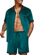Ekouaer Men Satin Silk Pajamas Set with Pockets Sleepwear Shorts Satin Summer Loungewear 2 Piece Button Down Set S-3XL