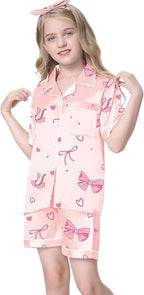 Umeyda Women & Girls Pajamas Set, Soft Satin Lightweight Silk Button-Down Top with Shorts 2 Piece PJS for Mom Boys Kids Gifts