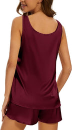MOYEE Women Silk Pajama Set Soft Satin V Neck Tank Top and Shorts 2 Piece lounge Sets with Pockets