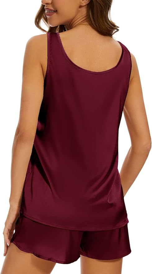 MOYEE Women Silk Pajama Set Soft Satin V Neck Tank Top and Shorts 2 Piece lounge Sets with Pockets