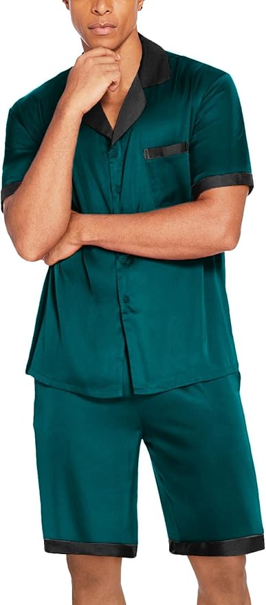 Ekouaer Men Satin Silk Pajamas Set with Pockets Sleepwear Shorts Satin Summer Loungewear 2 Piece Button Down Set S-3XL
