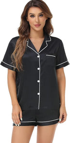 Serenedelicacy Women's Satin Pajama Set 2-Piece Sleepwear Loungewear Button Down Short Sleeve Silky PJ Set