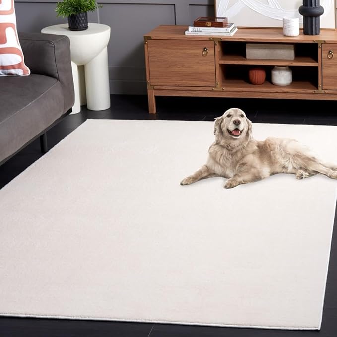 SAFAVIEH Washable Rug Faux Rabbit Fur Shag Collection - 6' Round, Beige, Slip Resistant & Easy Cleaning, Ideal for Living Room, Bedroom, Kids Playroom, Nursery, Dining Space (FRF100B)