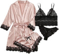 Womens Silk Pajamas Robes Set 4PACKS Sexy Pjs Cami Shorts Satin Sleepwear Lace Loungewear