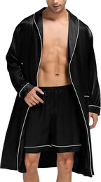 SWOMOG Men's Satin Robe Silky Kimono Bathrobe with Shorts Set Lightweight Soft Loungewear Nightwear