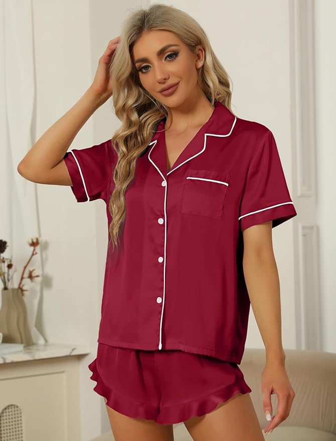 SAPJON Satin Silk Pajamas for Women 2Pcs Ruffle Notch Collar Sleepwear Button Down Short Sleeve Shorts Pjs Set Loungewear