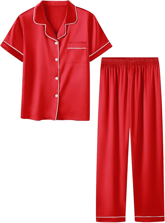 Umeyda Girls Womens Pajamas Set, Satin Silky Button Down Loungewear 2 Piece Short Sleeve Pants PJS Sets for Mommy Kids
