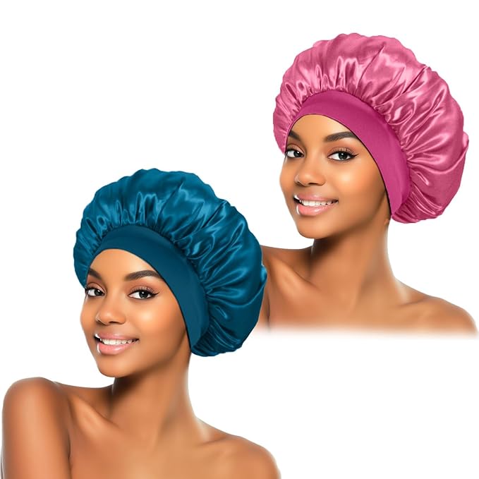 ZHENSILK 2Pcs Silk Bonnet for Sleeping, Satin Hair Bonnets, Soft Elastic Band Silk Sleep Cap, Hair Wrap for Women(Peacock Blue Rose Red)