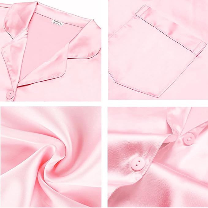 SWOMOG Long Sleeve Pajamas Set Silk Satin Sleepwear Button Down Pjs Loungewear with Pocket