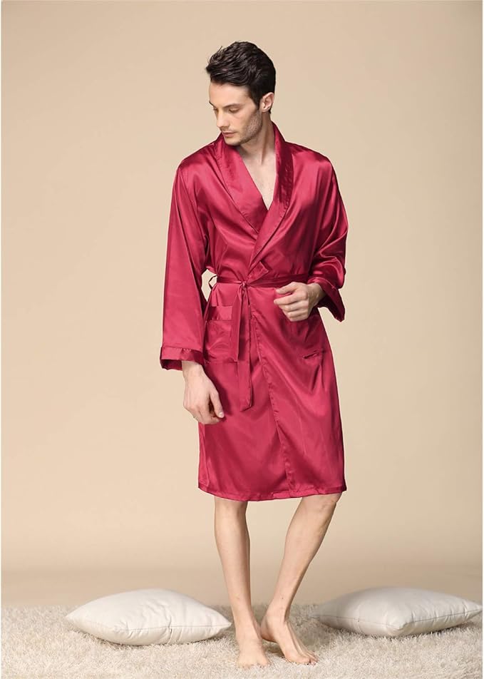 Mens Satin Robe,Silk Long Sleeve House Kimono Bathrobe,Soft Loungewear Dragon Robe