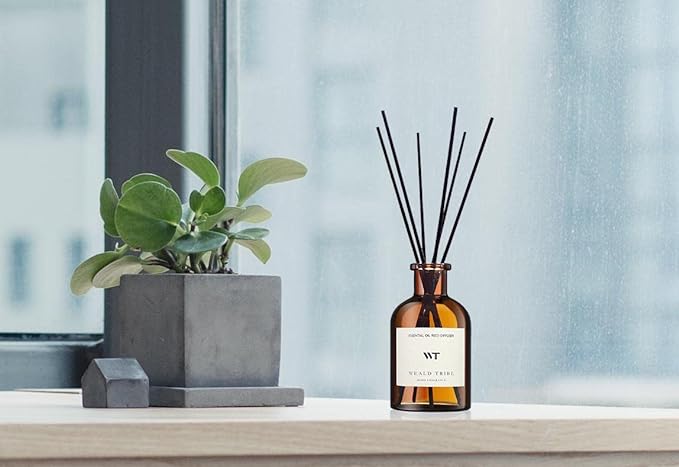 WEALD TRIBE Reed Diffuser Set for Bathroom Air Fresheners, Oil Diffuser Sticks | White Tea Scent 4.0 fl oz Home Fragrance with Sticks Defusers | House Bedroom Office Shelf Decor