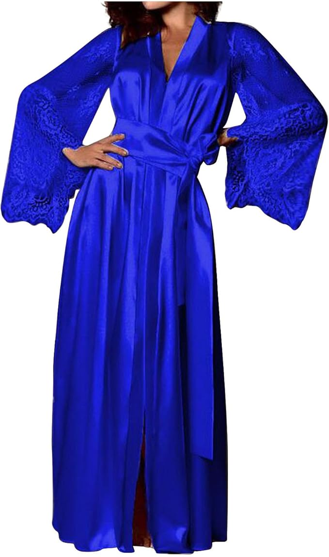 Mzkdieey Women's Floral Lace Robe Silk Kimono Bathrobe Long Bridesmaids Wedding Party Loungewear Sleepwear Dressing Gown