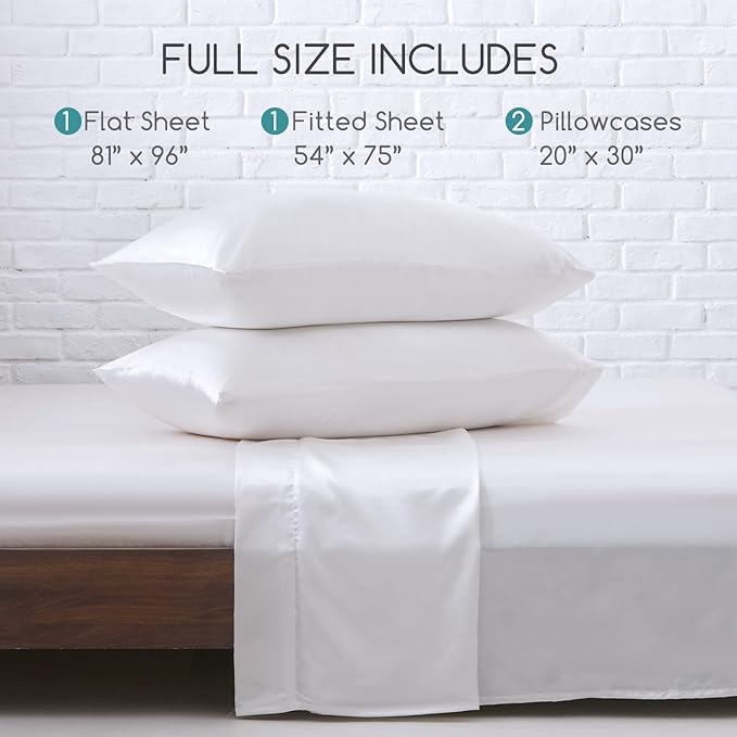 MR&HM Satin Bed Sheets, Full Size Sheets Set, 4 Pcs Silky Bedding Set with 15 Inches Deep Pocket for Mattress (Full, White)