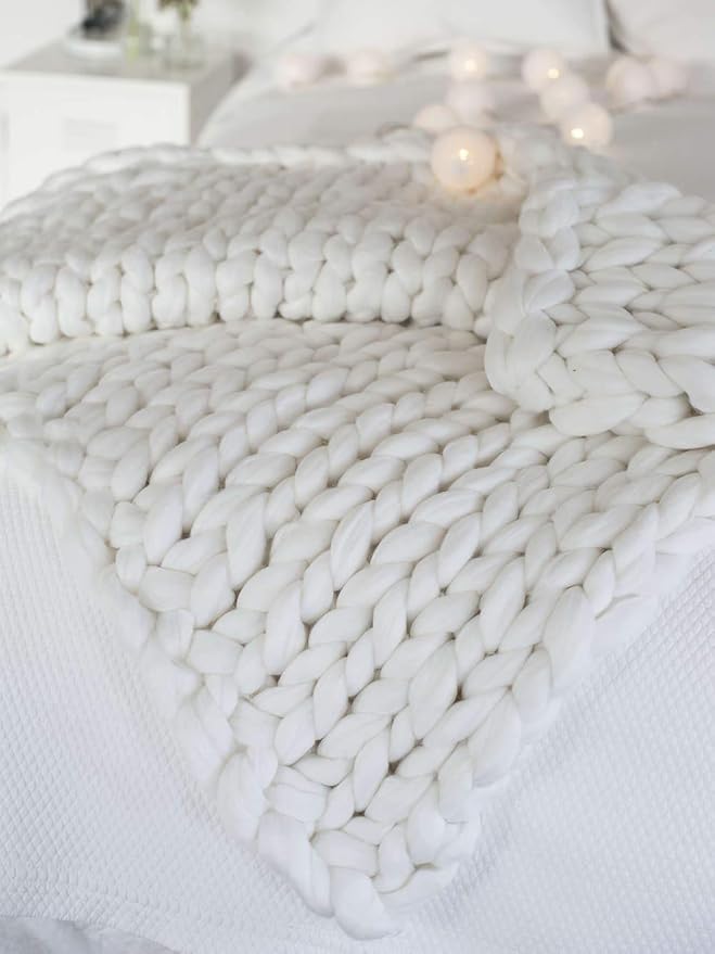 Chunky Knit Blanket Hand Made Merino Wool Throw Boho Bedroom Sofa Home Decor Giant Yarn(White 40"x60")