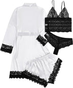 WDIRARA Women' Silk Satin Pajamas Set 4pcs Lingerie Floral Lace Cami Sleepwear with Robe