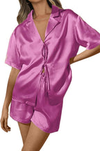 CHYRII Women's Silk Satin Pajamas Sets Tie Front Short Sleeve Tops and Shorts Two Piece Pj Sets Sleepwear
