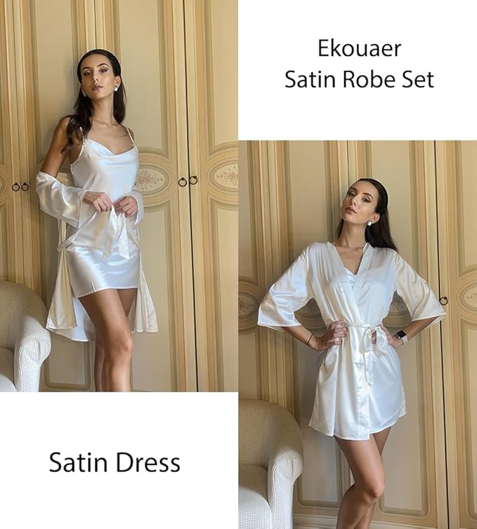 Ekouaer Women's Satin Robe Set Nightgown with Robes Silk Pajama Set 2 Pieces Lingerie Cowl Neck Cami Sleepwear Sets