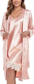 BestWendding Women's Silk Robe Set 2 Pieces Pajamas Sets Sexy Soft Satin Robe with V Neck Camisole Lingerie Nightgown