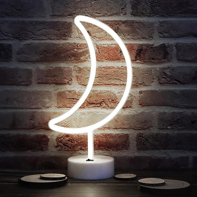Neon Moon Lights - LED Moon Decor Neon Signs Art Decorations Crescent Night Lights Lamp for Party Supplies, Children Kids Girls Gift - Moon with Holder Base (White)