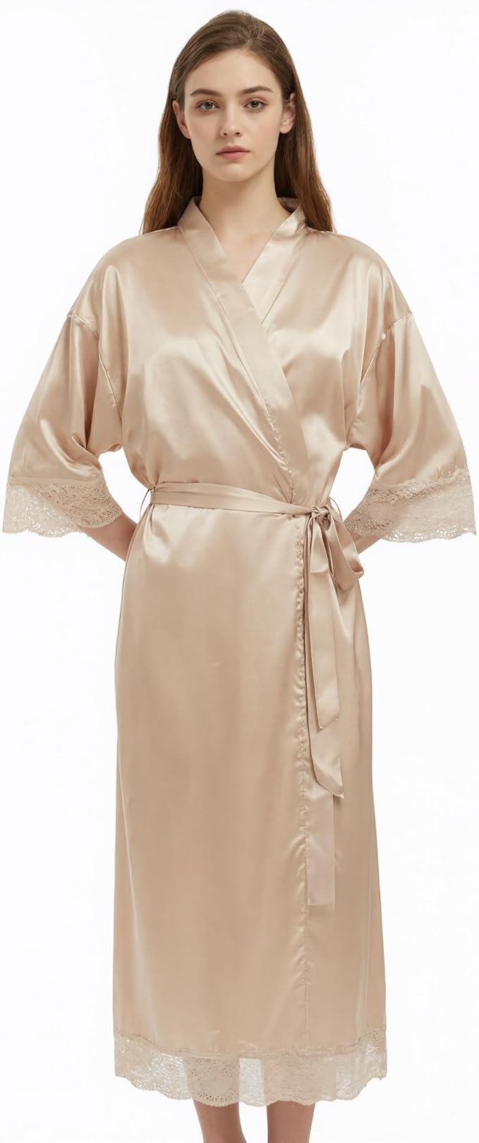 Long Satin Robes for Women Ankle Length Kimono Robes Silky Bridal Party Robes with Lace Trim Bridesmaid Loungewear Sleepwear