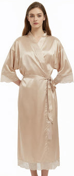 Long Satin Robes for Women Ankle Length Kimono Robes Silky Bridal Party Robes with Lace Trim Bridesmaid Loungewear Sleepwear