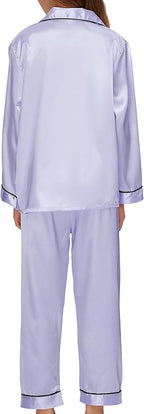 EPLAZA Kids Satin Pajamas Sets Girls Boys Button-Down Silky Pajamas Sleepwear with Hairband Eye Mask Hair Tie