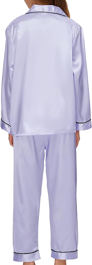 EPLAZA Kids Satin Pajamas Sets Girls Boys Button-Down Silky Pajamas Sleepwear with Hairband Eye Mask Hair Tie