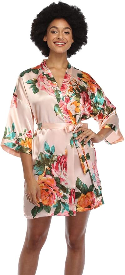MissNina Women's Floral Satin Kimono Robes Short Silky Bridesmaid Robes Sleepwear