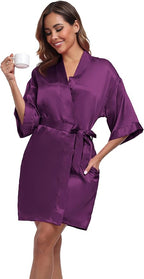 Women's Short Satin Robes Silky Bathrobe Bridesmaid Sleepwear for Wedding Party Getting Ready Solid Color