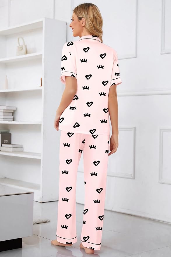 Umeyda Girls Womens Pajamas Set, Satin Silky Button Down Loungewear 2 Piece Short Sleeve Pants PJS Sets for Mommy Kids