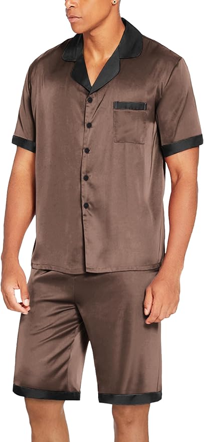 Ekouaer Men Satin Silk Pajamas Set with Pockets Sleepwear Shorts Satin Summer Loungewear 2 Piece Button Down Set S-3XL
