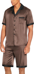 Ekouaer Men Satin Silk Pajamas Set with Pockets Sleepwear Shorts Satin Summer Loungewear 2 Piece Button Down Set S-3XL