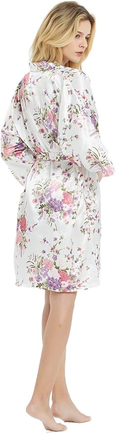 Women's Satin Robes Floral Bridesmaid Robes Short Silk Kimonos Sleepwear