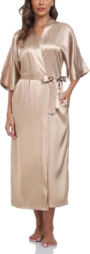 Women's Silk Robes Soft Long Satin Kimono Bathrobe Bride Bridesmaid Wedding Party Robes Sexy Sleepwear with Pockets