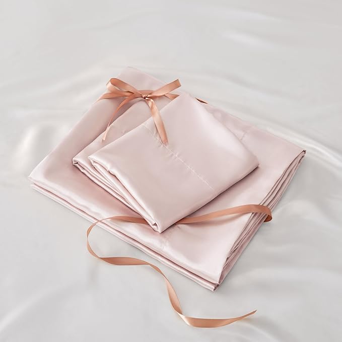 BEDELITE Satin Sheets Twin Size Bed Set, Luxury Soft Pink Silky Sheets for Hair and Skin, Similar to Silk Bed Sheets Set 3 Pieces with 1 Deep Pocket Fitted Sheet, 1 Flat Sheet, and 1 Pillowcase
