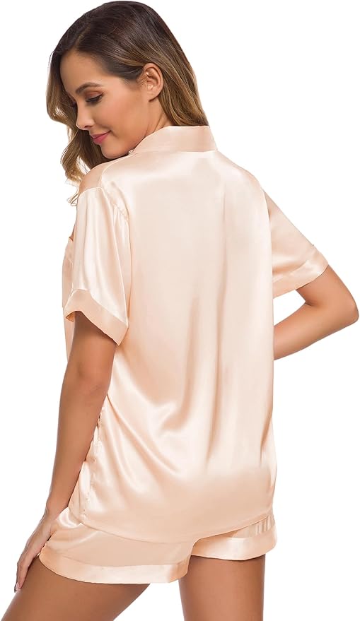 SWOMOG Womens Silk Satin Pajamas Set Short Sleeve Sleepwear Button Down Top and Shorts Loungewear 2 Piece Pjs Set XS-3XL