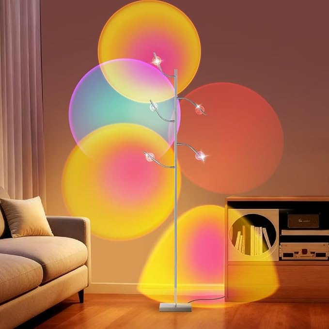 5 Head RGBW Halo Projector Floor Lamp, 4000K LED with Replaceable Color Filters, 71 Inch, 15W, Chrome, Sunset Projection Floor Lamp for Bedroom, Living Room, Game Room