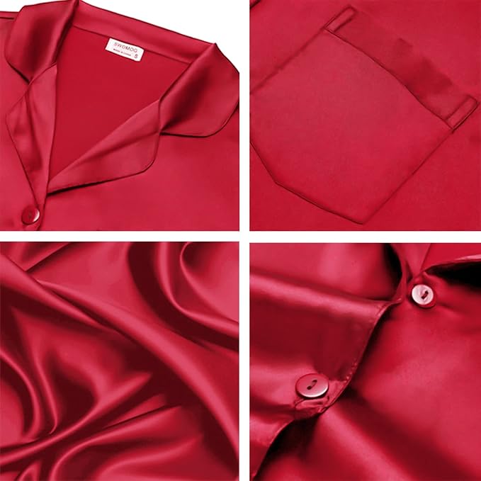SWOMOG Long Sleeve Pajamas Set Silk Satin Sleepwear Button Down Pjs Loungewear with Pocket