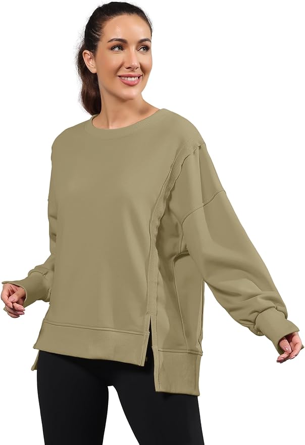 Nirovien Womens Oversized Crewneck Sweatshirt Side Slit Long Sleeve Pullover Slouchy Fit Tops