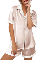 Ekouaer Womens Silk Satin Pajama Set Short Sleeve PJs 2 Piece Button Down Top and Shorts Notch Collar Sleepwear Sets Soft Pjs