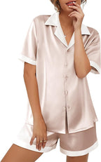 Ekouaer Womens Silk Satin Pajama Set Short Sleeve PJs 2 Piece Button Down Top and Shorts Notch Collar Sleepwear Sets Soft Pjs