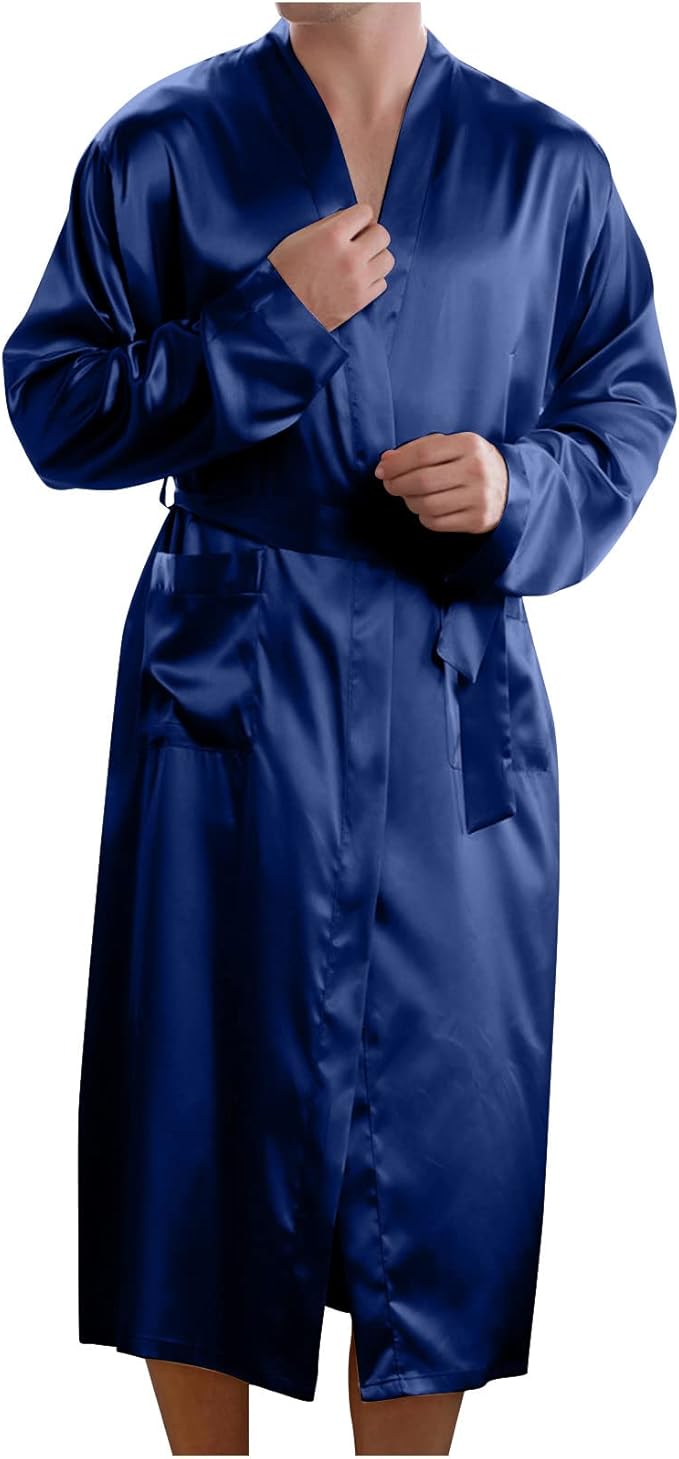 Men's Satin Robe Silky Bathrobe Soft Comfy Casual Bathrobe Fashion Comfy Solid Color Long Loungewear with Pocket