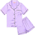 QPANCY Kids Satin Pajamas Sets Baby Boy Girl Button-Down Silk Sleepwear 2 Piece Short Sleeve Loungewear Clothes Set