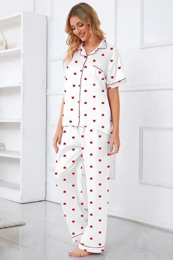 Umeyda Girls Womens Pajamas Set, Satin Silky Button Down Loungewear 2 Piece Short Sleeve Pants PJS Sets for Mommy Kids
