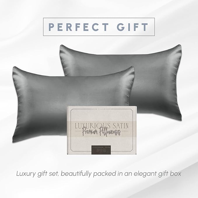 Elegant Comfort 2-Pack Cooling Viscose Satin Pillowcase Set with Hidden Zipper Closure, Silky Smooth for Best Hair and Skin Care-Beautiful Gift Box-2-Piece Satin Pillowcase Set, Standard/Queen, Gray